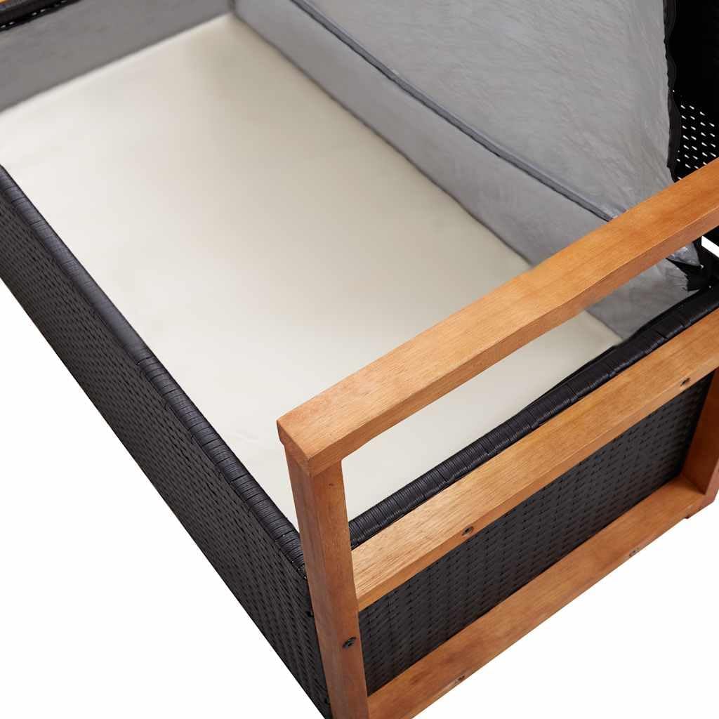 45.3" Outdoor Storage Bench - Poly Rattan Garden Bench with Solid Acacia Wood Armrests, Large Capacity Patio Seat with Removable Cushion for Backyard, Porch and Indoor Use, Black
