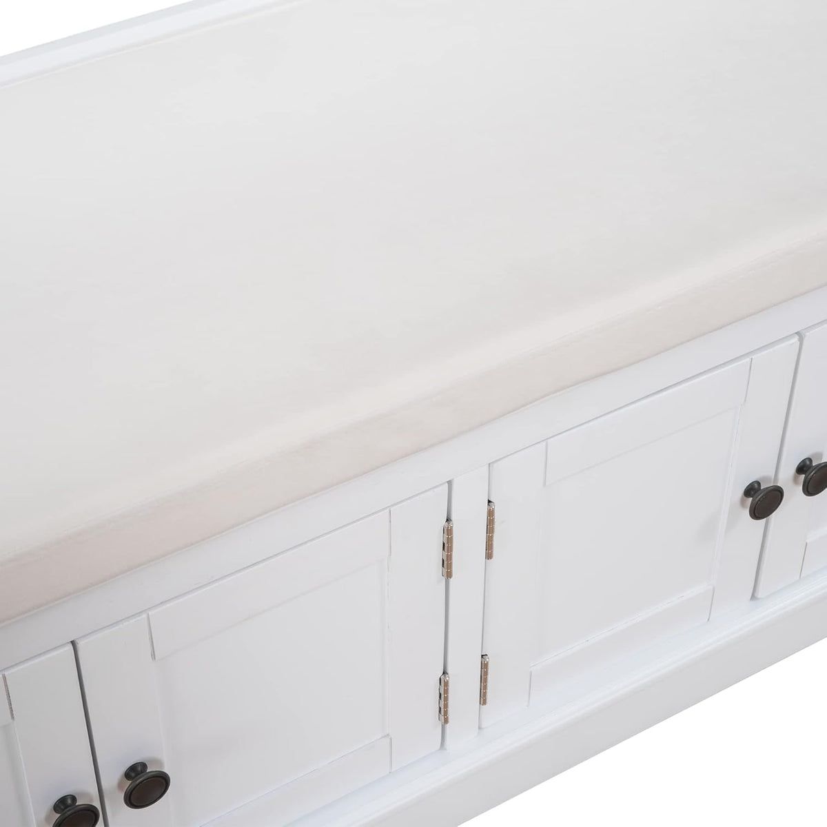 GDFStudio Jasd Storage Bench with 4 Doors and Adjustable Shelves, Removable Cushion Bench Ottoman, Solid Wood Frame Storage Ottoman, Rectangular Cabinet with Seating for Living Room Entryway, White