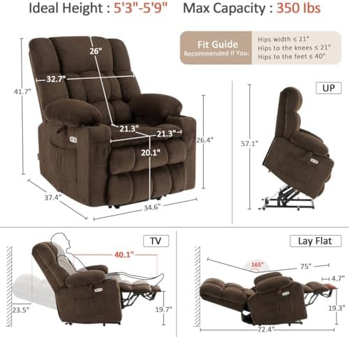 MCombo Dual Motor Power Lift Recliner Chair with Massage and Heat for Elderly People, Infinite Position, USB Ports, Cup Holders, Fabric 7890 (Medium, Mocha)