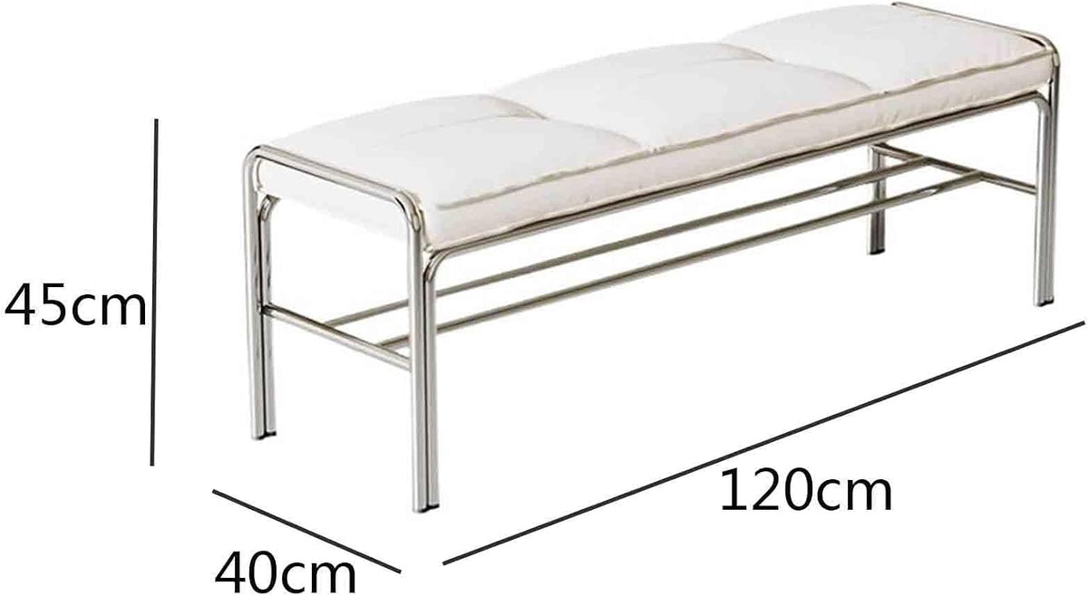 Modern Stainless Steel Long Bench with White Leather Cushion Home-use Soft-Padded Shoe Changing Stool Entryway(Small)