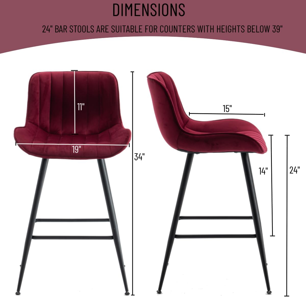Bar Stools Set of 2 with Velvet Upholstery, Burgundy | Luxury Counter Height Bar Stools with Black Metal Legs 24 Inches Seat Height Barstools with Backs for Kitchen Island