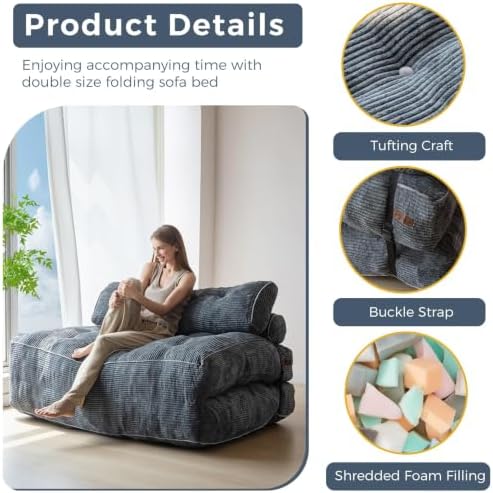 MAXYOYO Folding Sofa Bed, Convertible Chair Bed with Pillow | Foldable Couch with Back Support, Portable Fold Out Chair Comfy Floor Sofa for Living Room Bedroom, Dark Grey, Double