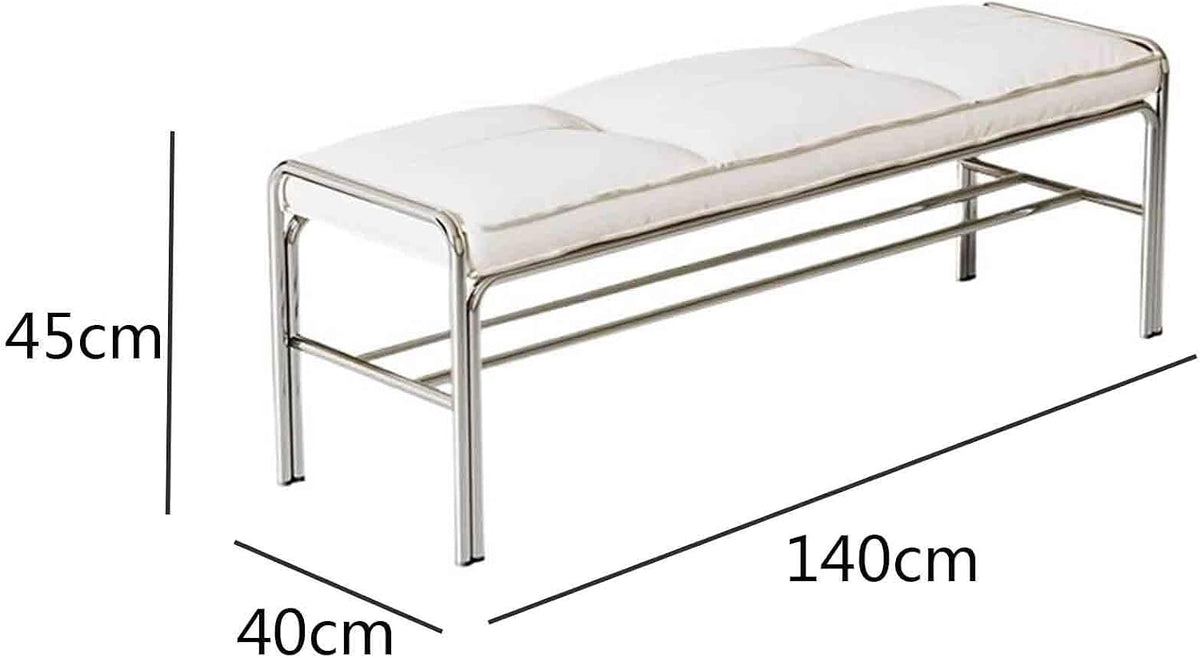Modern Stainless Steel Long Bench with White Leather Cushion Home-use Soft-Padded Shoe Changing Stool Entryway(Medium)