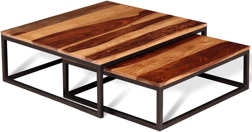 2 Piece Nesting Coffee Table Set Solid Acacia Wood | Retro Industrial Style, Metal Frame, Space Saving, for Living Room Bedroom