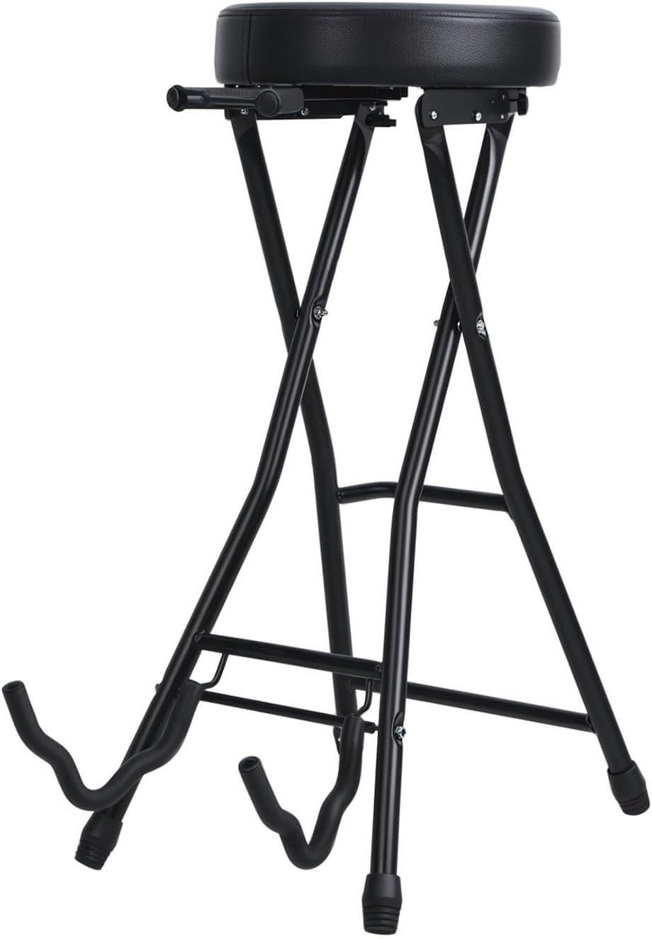 Guitar Stool, Foldable Padded Seat with Built-in Stand & Footrest, Retractable Hook Non-Slip Feet for Acoustic Electric Bass Home Studio Practice (Black-B)