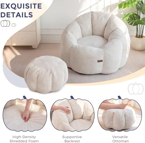 MAXYOYO Bean Bag Chair with Ottoman, Giant Pumpkin Lounge Chair for Adults | Oversized Bean Bag Chair with Footstool, Comfy and Lazy Lounge Chair for Dorm, Living Room, Bedroom, Beige