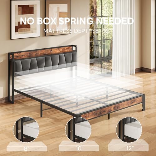 LIKIMIO Full Size Bed Frame with Storage Headboard and Charging Station