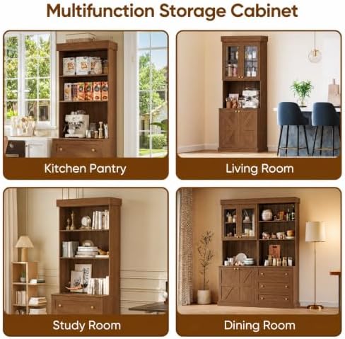 71" Farmhouse Kitchen Pantry Cabinet with Glass Doors & Drawers, Set of 3 – Dark Brown Freestanding Coffee Bar Hutch with Adjustable Shelves, Large Storage Cabinet with Microwave Stand for Kitchen