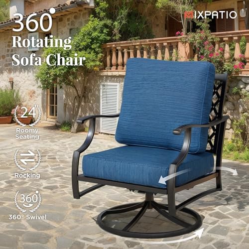 MIXPATIO, 2 Pack, Swivel Rocking Chairs, Metal, Peacock Blue | 31.5"D x 28.35"W x 35.03"H, 5.75" Thick Cushions, High Back, All Weather, 360° Swivel, E-Coated and Powder-Coated Frame