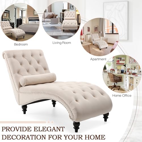 SLEERWAY Chaise Lounge Chair Indoor, Modern Velvet Upholstered Sofa with Solid Wooden Leg and Lumbar Pillow, Button Tufted Sleeper Chaise Lounge Chairs for Bedroom Living Room Office, Beige