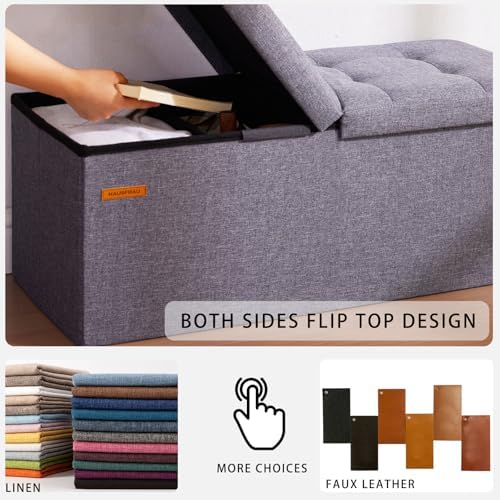 HAUSFRAU Ottoman with Storage Bench Folding Foot Rest Stool Linen Red | 31.5", Flip Lid, Small Upholstered Foldable Footrest Footstool, Bedroom Bench, Living Room Dorm Ottoman, Rectangle