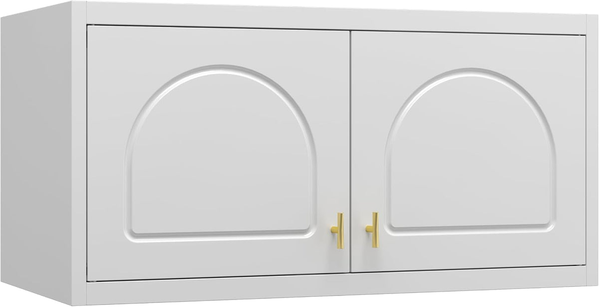 32" Wall Metal Storage Cabinet with Doors & Gold Handle | Adjustable Shelf, Sturdy Cold Rolled Steel, Hanging Storage, Bathroom, Pantry, Kitchen, 2 Doors, Tools Included, Space-Saving