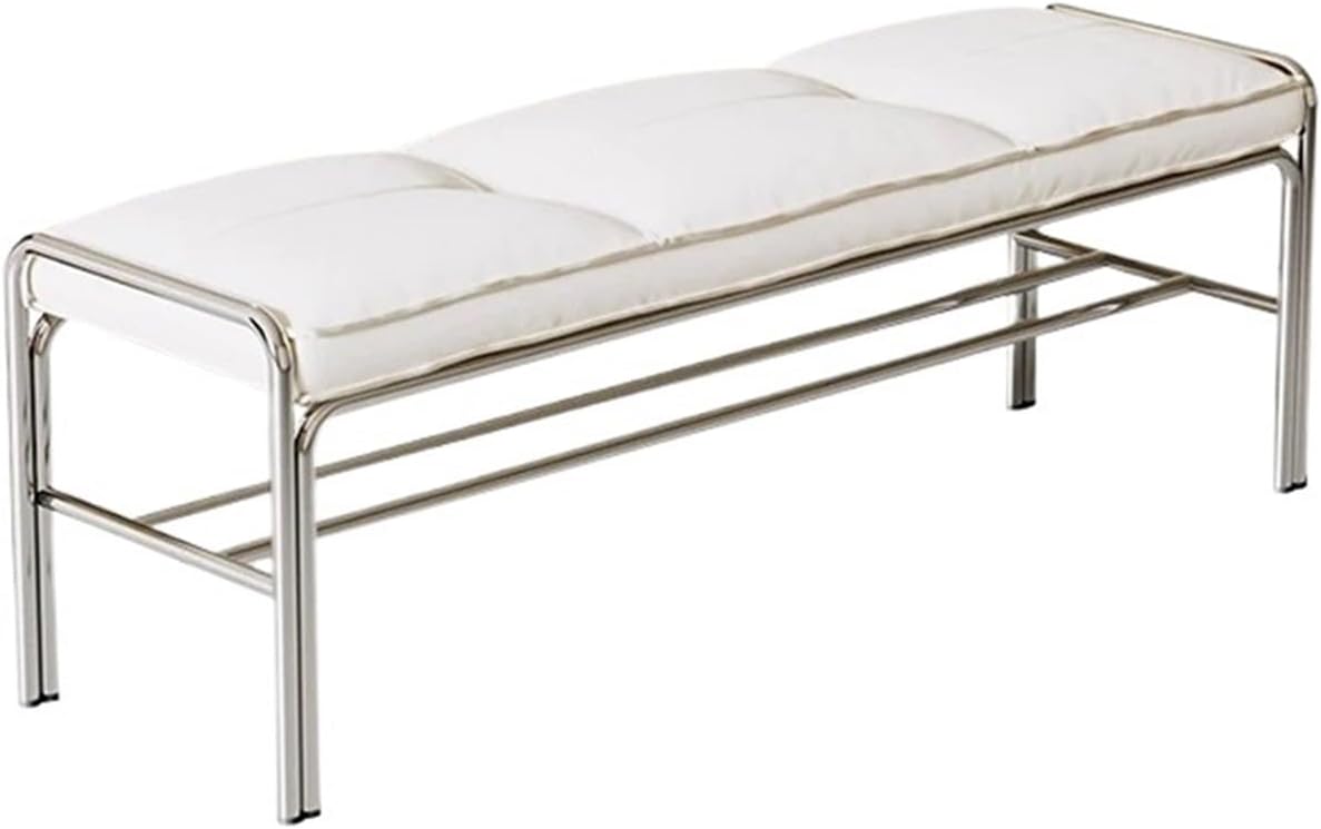 Modern Stainless Steel Long Bench with White Leather Cushion Home-use Soft-Padded Shoe Changing Stool Entryway(Large)