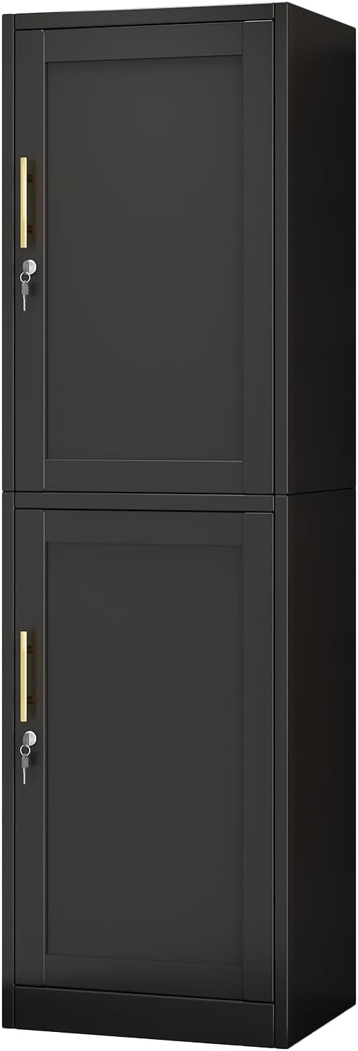 Metal Locker Cabinet with Doors and Shleves, 67" H Tall Narrow Storage Cabinet with Lock, Pantry Storage Cabinet for Living Room, Pantry, Bathroom (2Doors-Lock, Black)