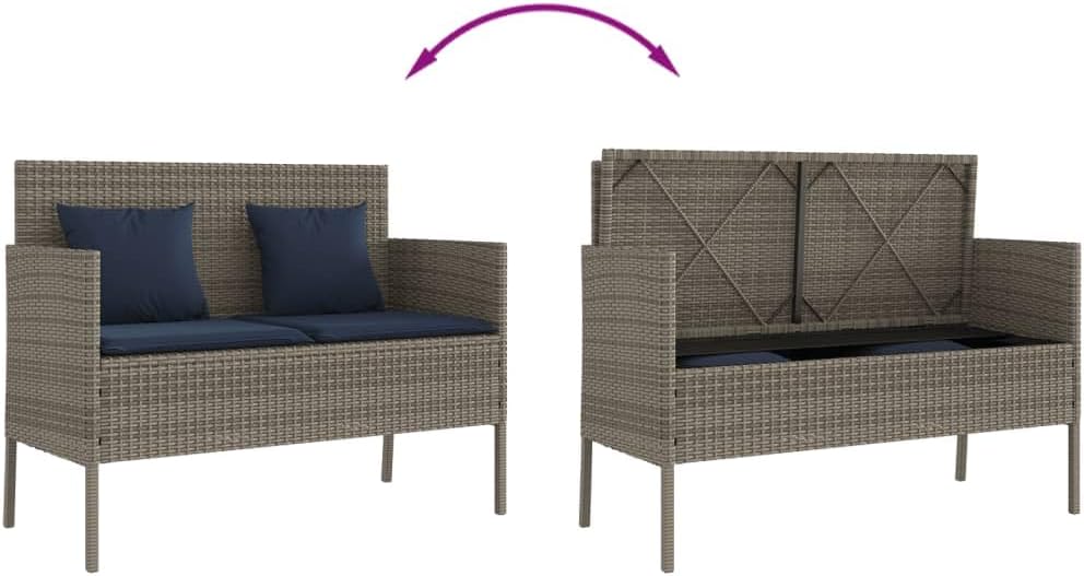 Poly Rattan Garden Bench with Cushion, Outdoor Storage Bench with Waterproof Cushion, PE Rattan Patio Seat with Storage Bag for Cushions and Towels