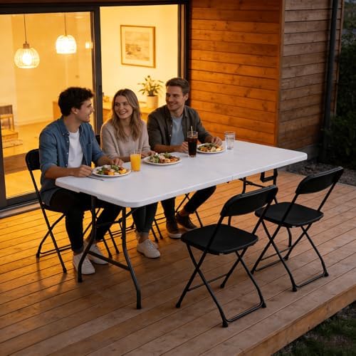 Folding Table 1 Pack, 6FT Folding Table Portable with Built-in Handle, Heavy Duty Plastic Table with Steel Legs Supports to 300lbs, Suitable for Party, Camping, Events Indoor&Outdoor Use, White