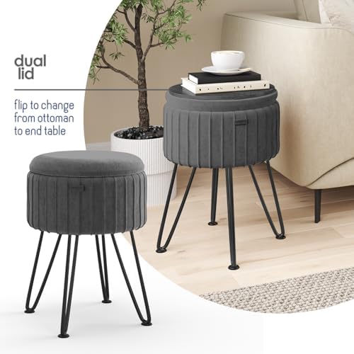 Round Ottoman with Storage, Pleated Velvet Storage Ottoman, Foot Stool Ottomans, Makeup Vanity Stool, Small Ottomans Foot Rest, Modern Vanity Stools for Living Room and Bedroom, Grey