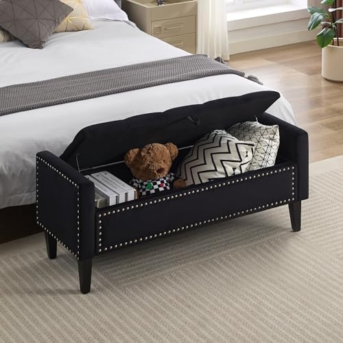 WUTUTUEE 47" Velvet Storage Bench, Upholstered Bed Bench with Storage, End of Bed Ottoman with Wooden Legs,Bedside Storage Bench for Bedroom, Living Room, or Entryway, Black