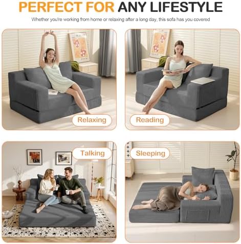Erament Convertible Sofa Bed, Loveseat Folding Floor Futon Sleeper Sofa Couch Bed Foldable Couch, Corduroy Pull Out Sofa Bed with 2 Pillows for Living Room & Bedroom