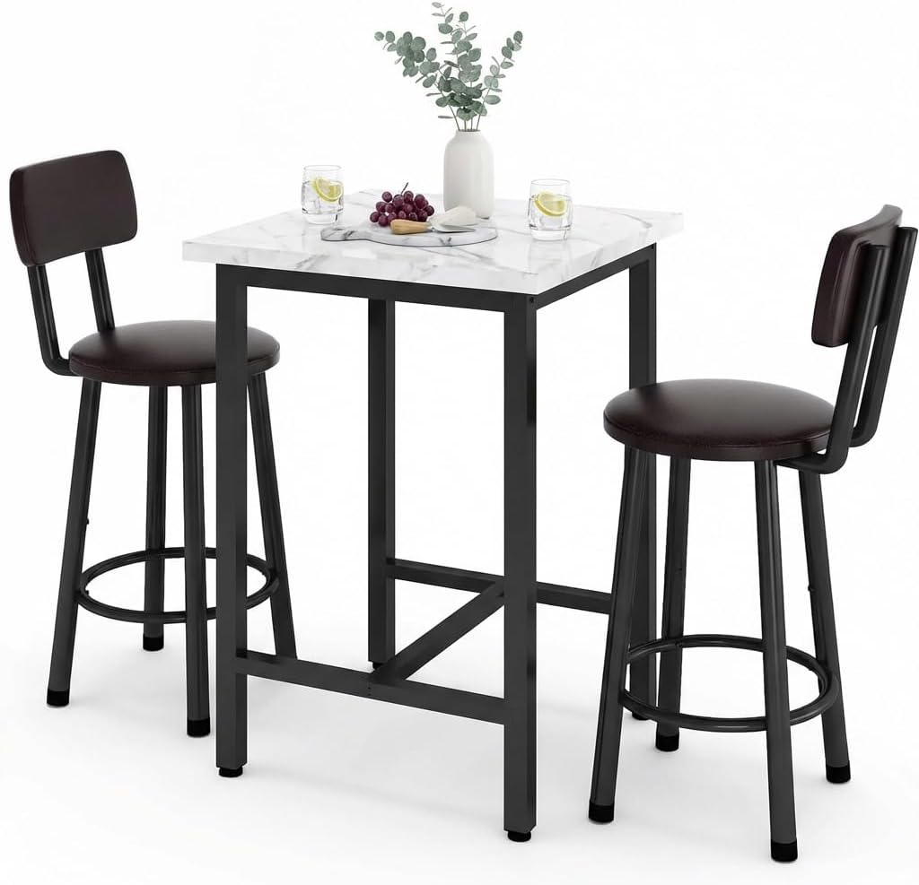 DKLGG Dining Table Set for 2, 24" Square Kitchen Table and Chairs Set with MDF Tabletop & 2 PU Leather Chairs, Bar Pub Dining Set for Small Space Bar Kitchen Living Room Apartment, White