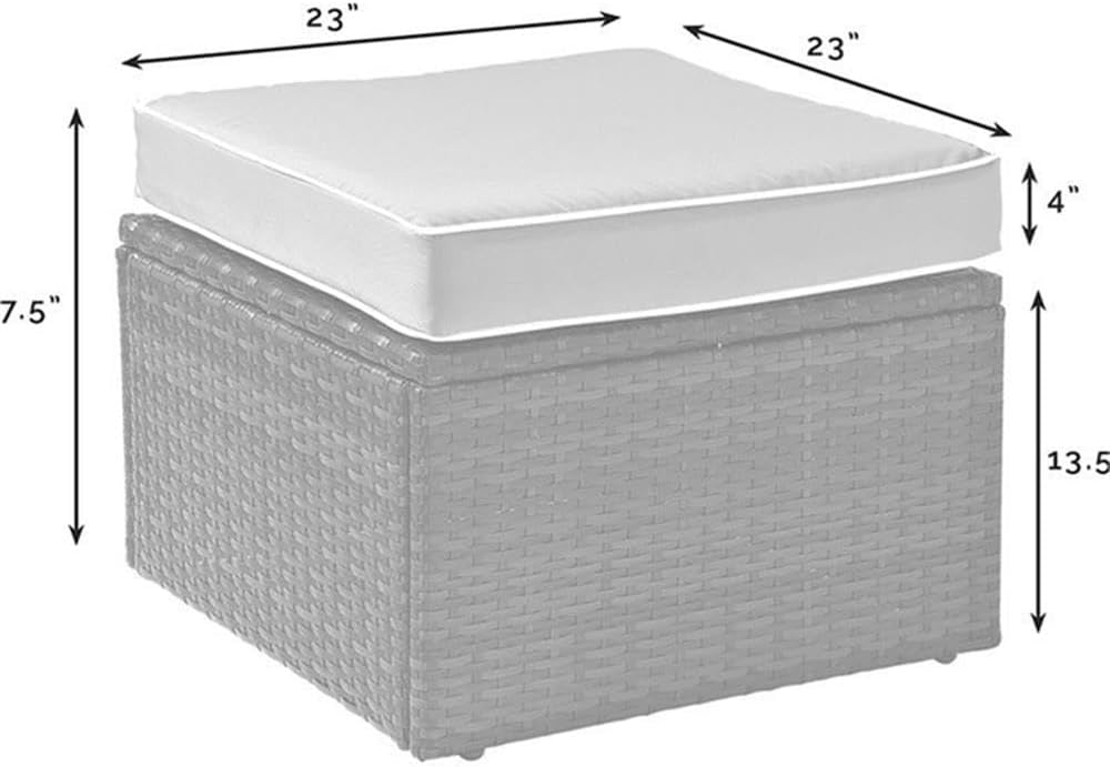 Pemberly Row Wicker Patio Ottoman, Brown Finish with Sand Cushions, Resin Wicker and Steel Frame, UV/Fade Resistant, 23" W x 23" D x 17.5" H, Outdoor Footrest for Deck, Patio, or Garden Use