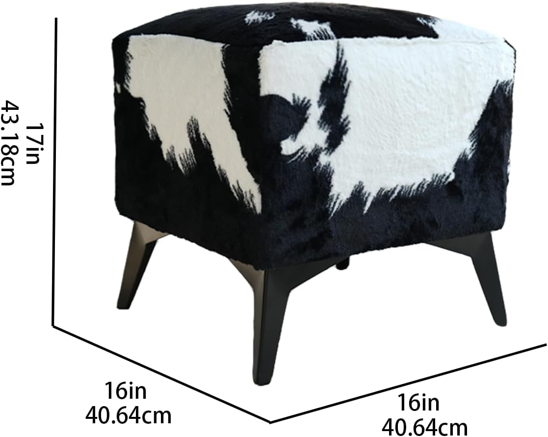 Faux Cowhide Ottoman, Upholstered Foot Stool,Animal Print Ottoman - 16 x 16 x 17 Inches, Cube Footrest with Solid Metal Legs for Living Room, Bedroom & Entryway(Black & White)