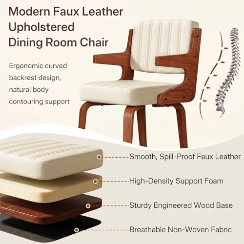 Dining Chairs Set of 4,Mid Century Modern Kitchen Chair with Hanging Arm | Set of 4 Dining Chairs, Mid Century Modern Faux Leather Upholstered Kitchen Chair, Walnut Legs Back for Dining Room Living