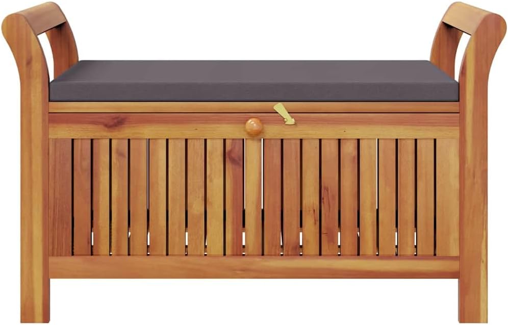 Solid Acacia Wood Patio Storage Bench with Cushion, 35.8 Inch Outdoor Bench with Curved Arms and Ample Storage Space for Pillows and Blankets