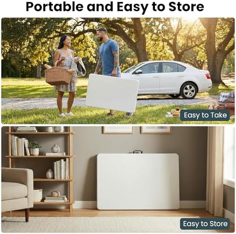 5 Pack of 6 Foot Foldable Table with Built in Handle & Steel Legs | 6FT Portable Heavy Duty Plastic Folding Tables for Party, Dining, Wedding, Events, Picnic, Indoor & Outdoor, Camping, Utility