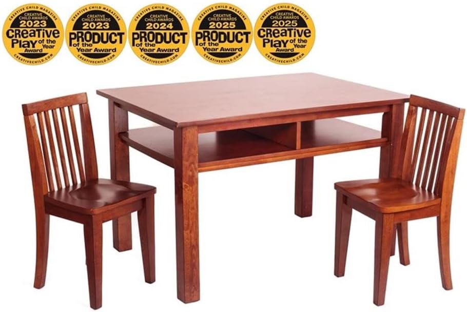 Pemberly Row Contemporary Kid's 3 Piece Table and Chair Set, Solid Wood Construction, Cherry Finish, Includes 2 Chairs, 25" H Table, Comfortable Contoured Seats, Baby and Kids Room Furniture