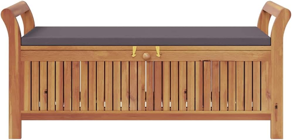 Solid Acacia Wood Garden Storage Bench with Dark Grey Cushion, Outdoor Patio Seat with Under-Seat Storage, Oiled Finish for Weather Protection, Easy Assembly