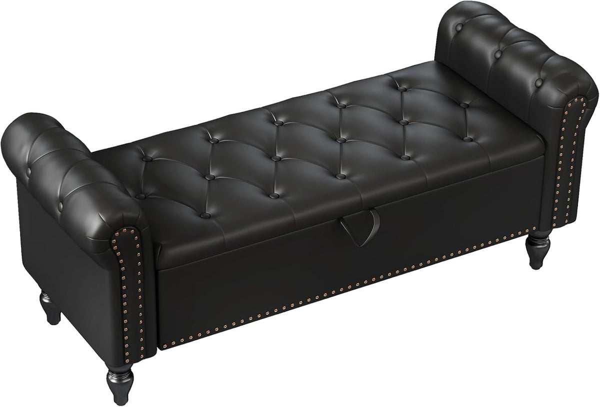 Furniliving 51” End of Bed Bench, Bedroom Bench with Button-Tufted, Large Upholstered Storage Ottoman Benches Entryway Bench with Storage Shoe Cabinet Bench, for Bedroom, Living Room, PU, Black