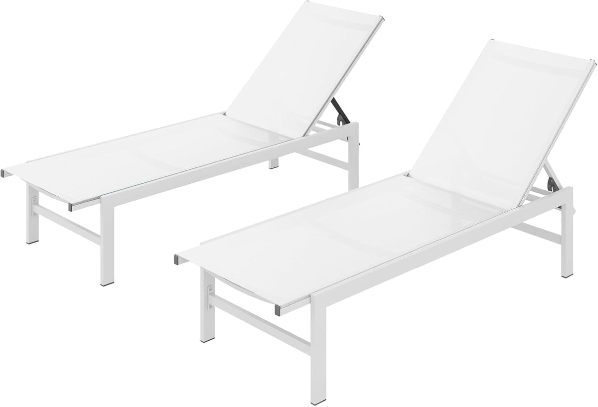 Vexwalx Outdoor Lounge Chairs Set of 2, Aluminum Patio Chaise Lounge Chairs with 5-Position Recliner, Pool Lounge Chairs for Backyard, Poolside, Deck, Lawn (White)