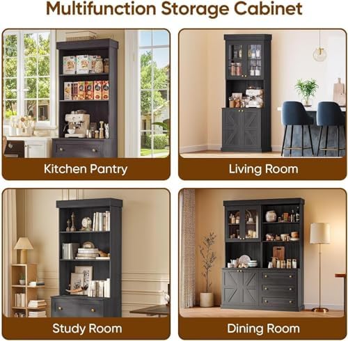 71" Black Farmhouse Kitchen Pantry Cabinet Set of 3— Freestanding Coffee Bar with Glass Doors or Drawers, Microwave Stand, Large Storage Hutch with Adjustable Shelves for Living Room and Kitchen