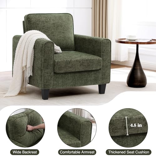 Comfy Accent Chairs for Living Room, Mid Century Modern Upholstered Living Room Chair, Chenille Reading Armchair for Apartment, Waiting Room, Office, Green