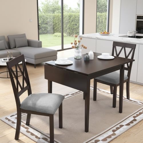 LUMISOL Farmhouse Extendable Kitchen Table Set with Drop Leaf and 2 Chairs, Espresso