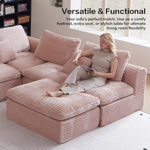 38.7" Plush Corduroy Ottoman, Upholstered Cloud Ottoman for Couch in a Box,Oversize Poufs for Living Room & Bedroom Sofa Ottomans,Comfy Seating with Dense Foam Padding,Pink