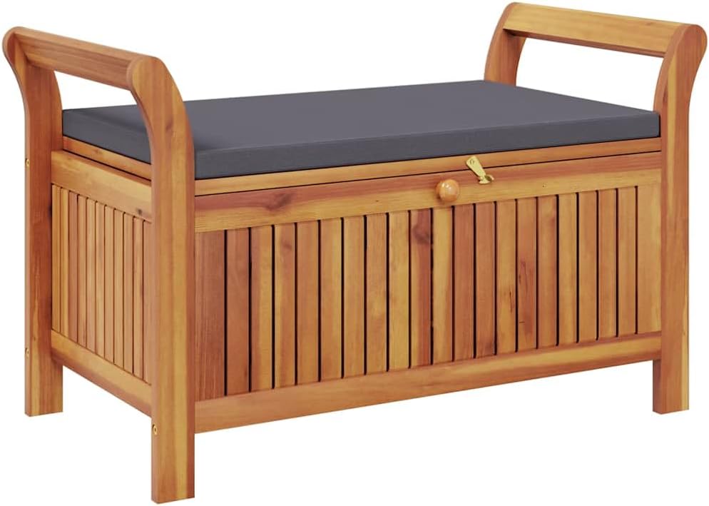 Solid Acacia Wood Patio Storage Bench with Cushion, 35.8 Inch Outdoor Bench with Curved Arms and Ample Storage Space for Pillows and Blankets