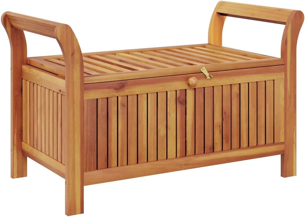 Garden Storage Bench with Cushion, Solid Acacia Wood Outdoor Storage Bench, Comfortable Seating and Ample for Garden Tools