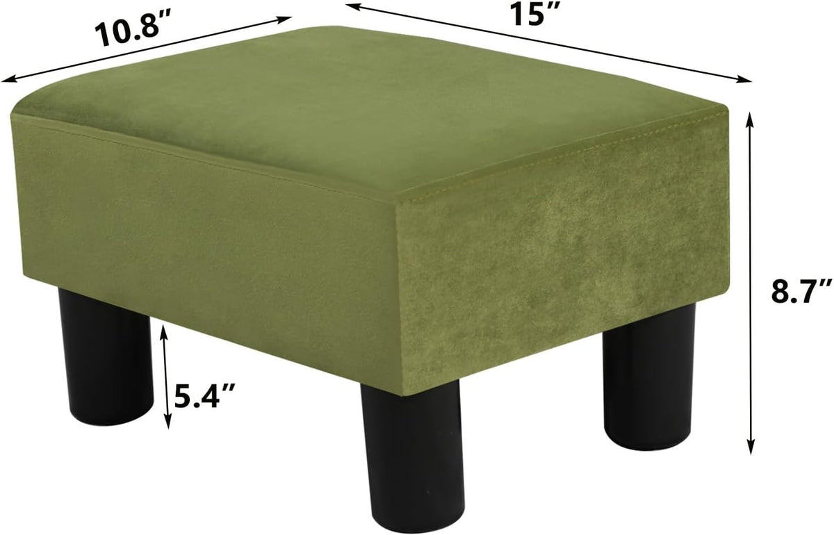 Adeco Small Velvet Foot Stool for Living Room & Bedroom, Boho Chic Upholstered Ottoman Footrest with Thick Padded Seat, Compact Under Desk Stool, 15 inch, Grass Green, Supports 335 lbs