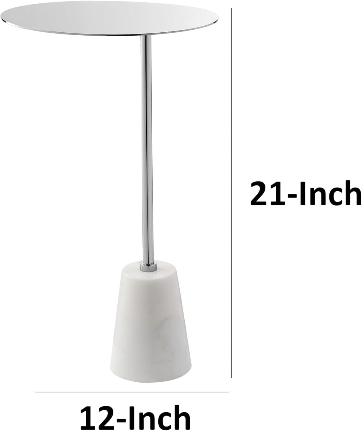 Benjara Frank 12" Drink Side End Table- Chrome Top- White Marble Solid Base