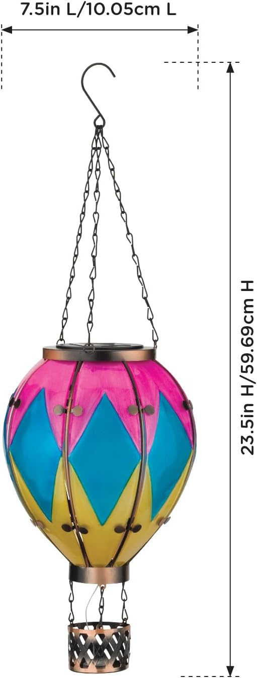 Regal Art & Gift Hot Air Balloon Solar Lantern – Hanging Solar-Powered LED Lights, Waterproof Portable Decorative Outdoor Lamp Made of Metal & Glass for Garden, Patios & Pathway – Diamond (Large)