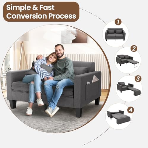 SEJOV 6-in-1 Convertible Sofa Bed, 58" Loveseat Sleeper Sofas, Gray | Pull Out Couch Bed with Removable Backrest, Storage Pockets and 2 Pillows, Modern Folding Linen Futon Couch for Small Spaces