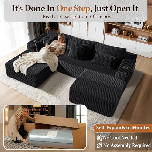 108" Oversized Cloud Sectional Couch, Comfort U Shaped Couch for Living Room, Extra Deep Seats No Assembly, Modular Sofa, Corduroy (Black, 2 Seater + Left Facing Chaise + Ottoman)