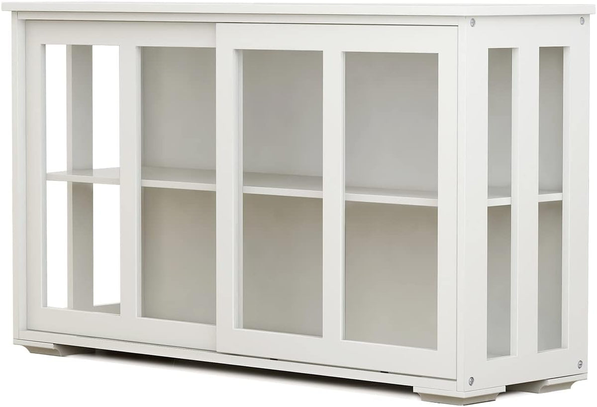 White Sideboard Buffet Cabinet with Sliding Glass Doors, Storage Credenza with Adjustable Shelves, Kitchen Pantry Cupboard Console Cabinet for Dining Room Living Room Entryway