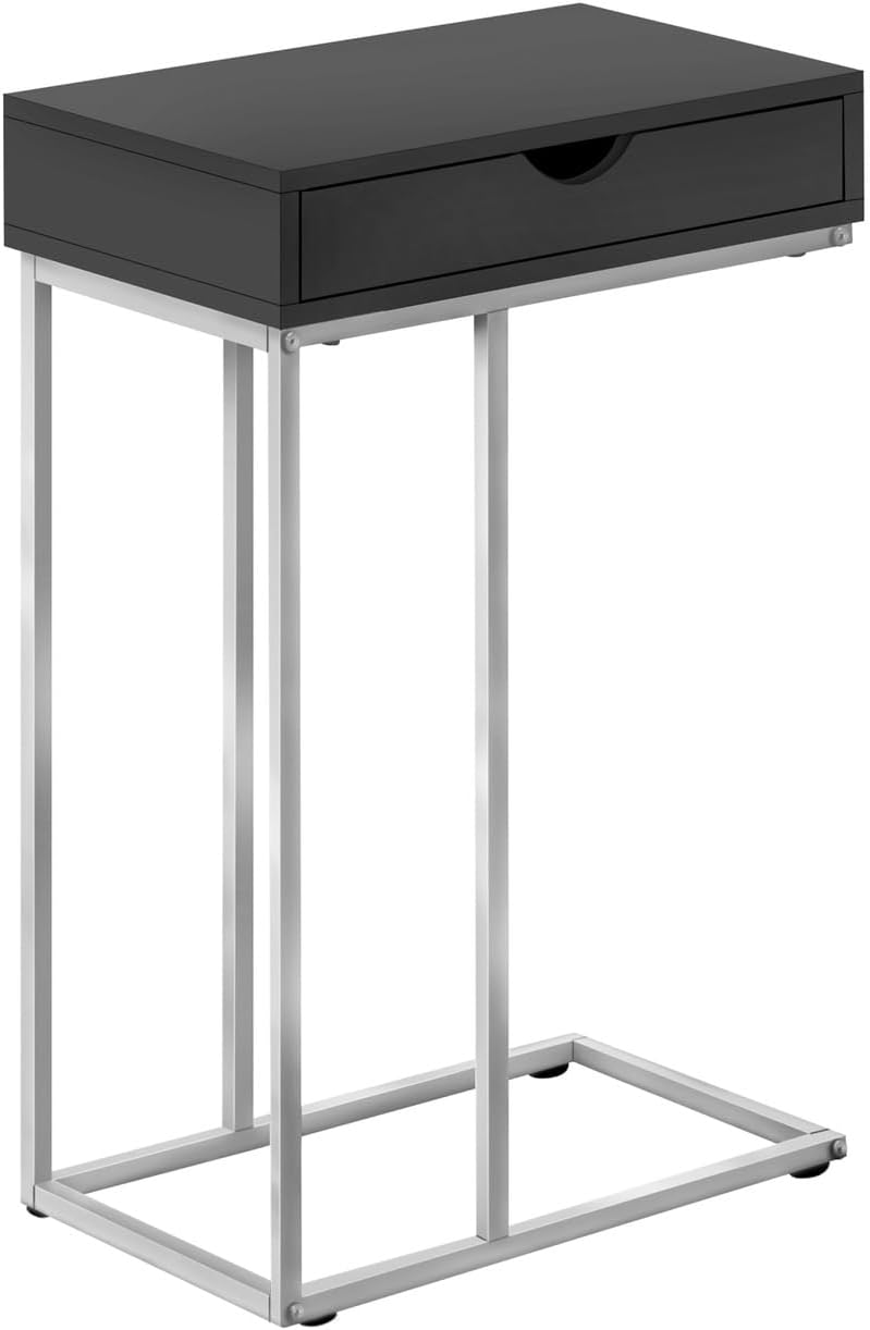 Accent Table, C-Shaped, End, Side, Snack, Storage Drawer, Living Room, Bedroom, Black Laminate, Grey Metal, Contemporary, Modern
