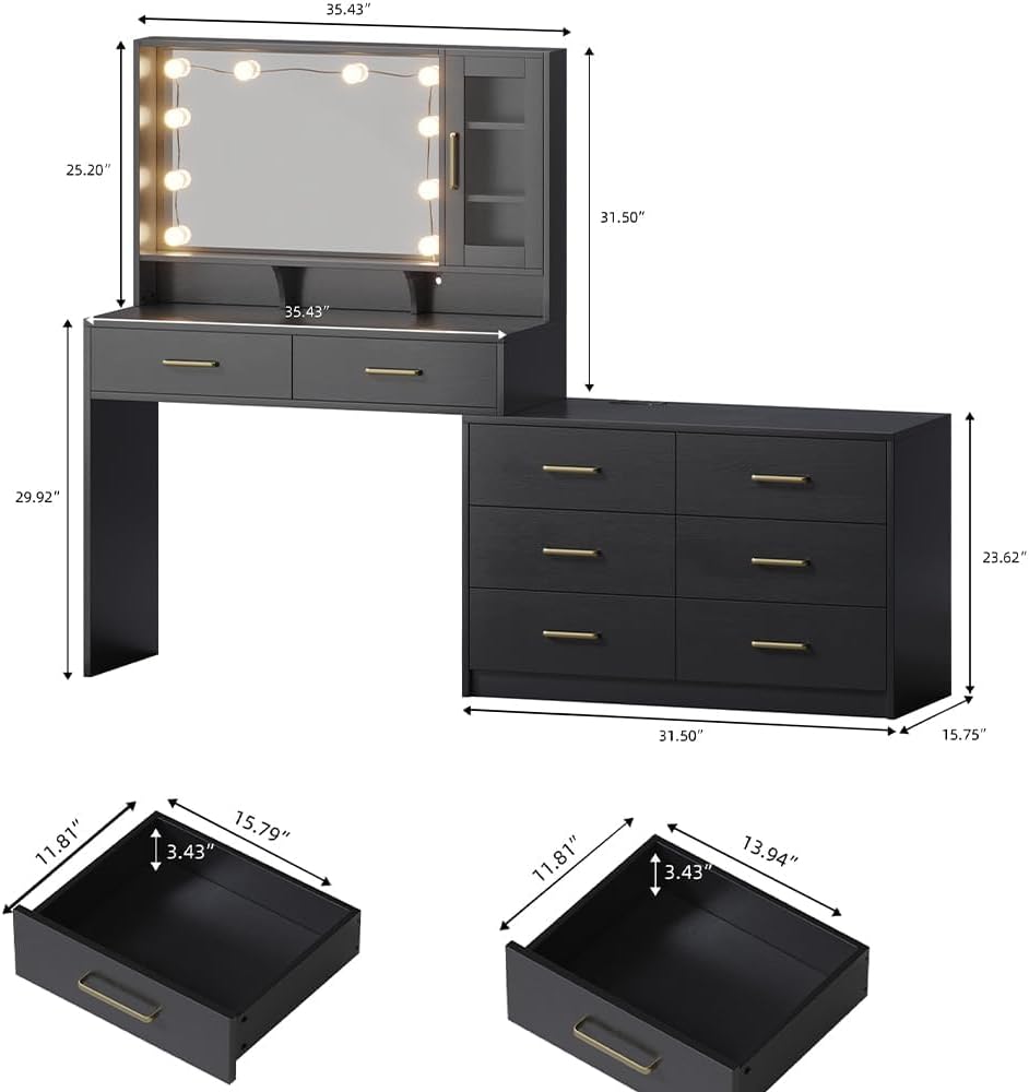 Makeup Desk with Drawers & Cabinet & Dresser, Black Vanity Table with Drawer Dresser, Large Vanity Table with 8 Drawers, Vanity Desk with Large Mirror and 3-Color Lights for Girls, Dressing Table 59"