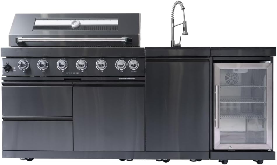 82 Inch 304 Stainless Steel Outdoor Integrated BBQ Kitchen Station (Black) | All-in-one 12-zone outdoor cooking station with 72000 BTU grill, built-in fridge & sink, rolling base for patio backyard