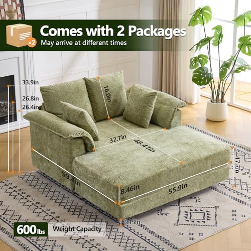 VINGLI Modern Floating Chaise Lounge Chair with Acrylic Legs, Upholstered Cushion Deep Seat Lounge Sofa with Iron-Wood KD Frame, Pillow Armrest, Accent Chair for Living Room, Play Room Apartment