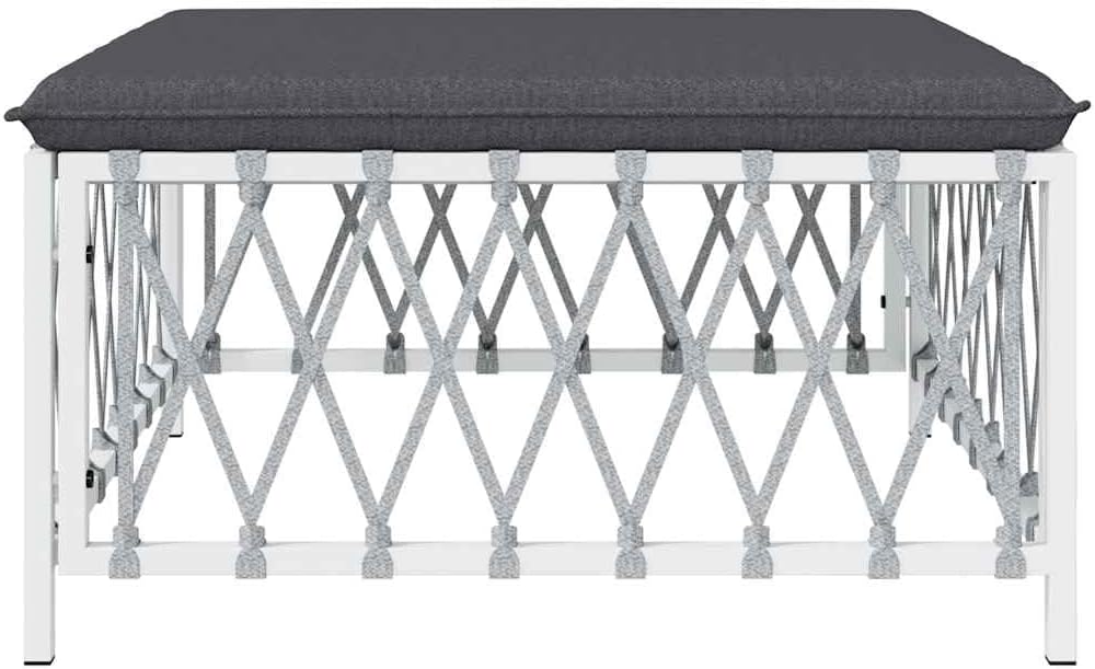 Patio Footstool with Cushion, White Woven Fabric Garden Ottoman, Powder-Coated Steel Frame, Thickly Padded Seat, Modular Design for Outdoor Lounge